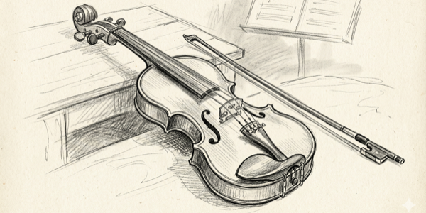 Violin with bow on table - pencil illustration