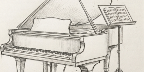 Grand piano with music stand - pencil illustration