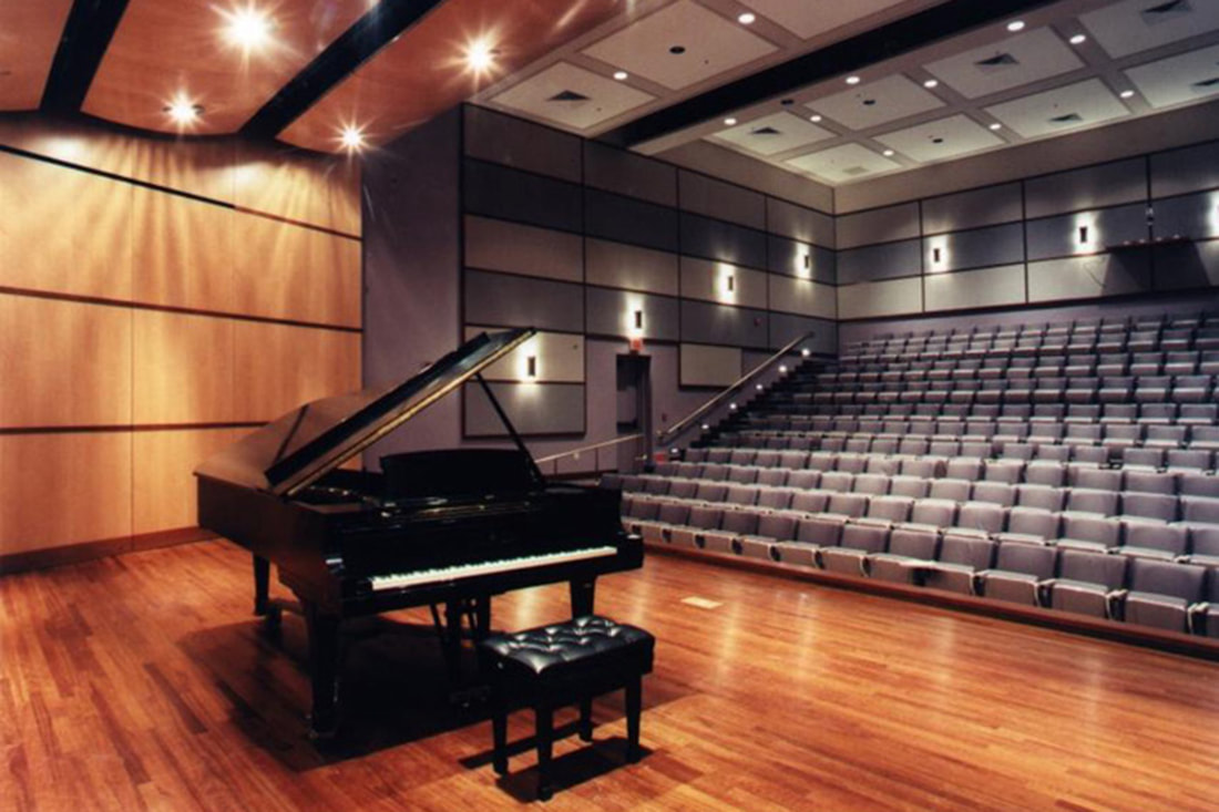 Recital hall with grand piano at Santa Clara University