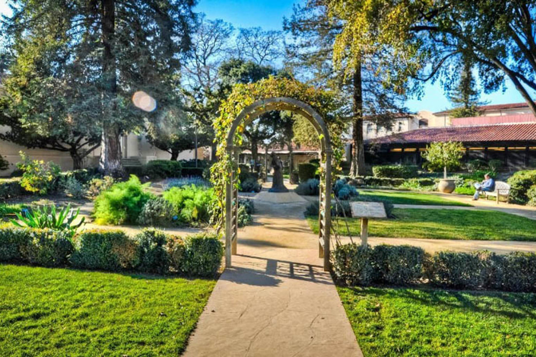 Botanical garden with arched arbor walkway on the Santa Clara campus